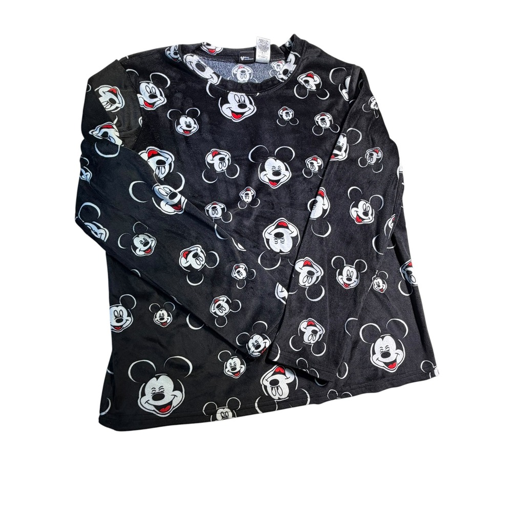 Disney Mickey Mouse Fleece Pajama Top Womens Medium Black Long Sleeve Plush PJ